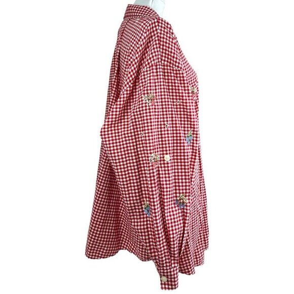 Teddi Women’s Red Check Embroidered Fruit Roll Tab Sleeve Button Down Top 3X/C63 - Picture 2 of 13